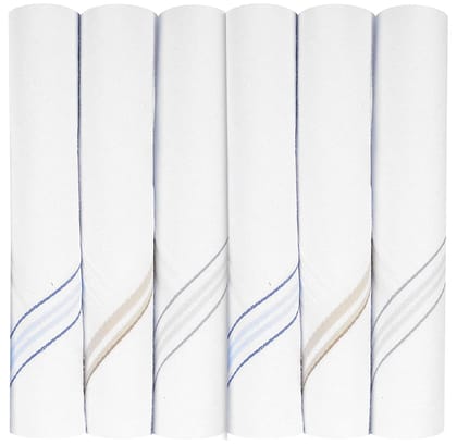 Cotton Premium Collection Casual Style Handkerchiefs Hanky For Men - Pack Of 6. - White with Blue and Beige Striped King Size