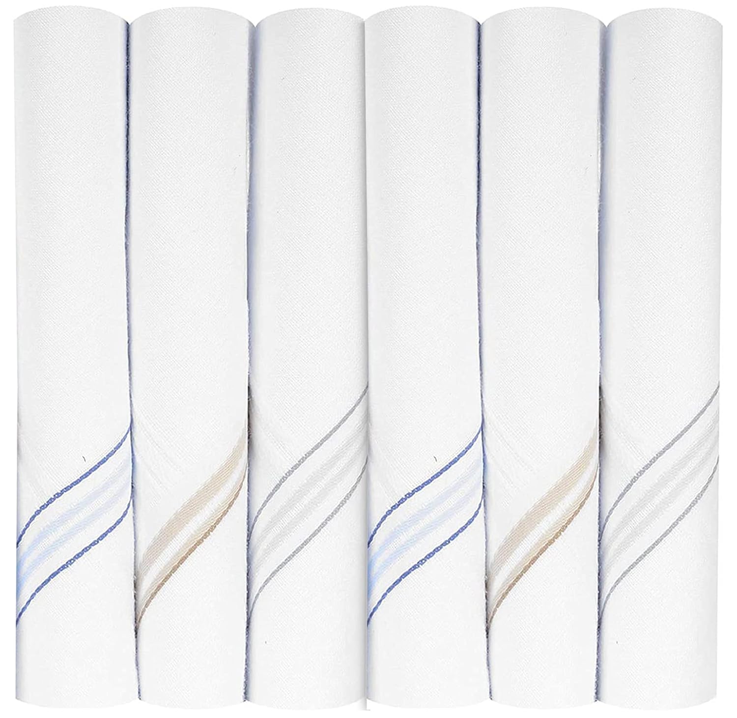 Cotton Premium Collection Casual Style Handkerchiefs Hanky For Men - Pack Of 6. - White with Blue and Beige Striped King Size