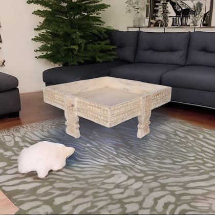 Wooden Indian Distressed Antique Square Table | Unique Chakki Table for Home Decor