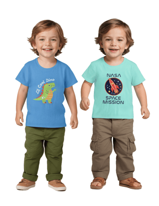 Boys T-Shirt All Aboard Blue / Biscay Green, Soft Cotton, Ages 2-6 (2pcs pack)