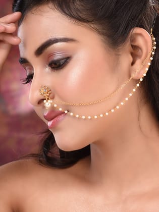 Gold Plated White Stone Studded & Pearl Nose Ring Nath