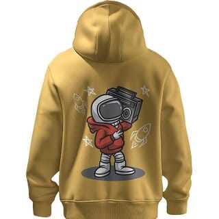 BULL CLOTHING Stylish Retro Astronaut Graphic Mustard Yellow Hoodie Featuring Cool Boombox Design BULL CLOTHING Stylish Retro Astronaut Graphic Mustard Yellow Hoodie Featuring Cool Boombox Design