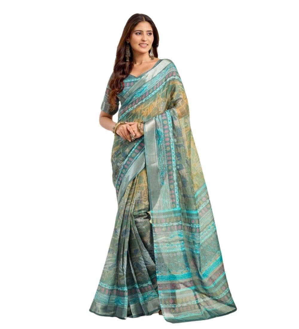 Women's Faux Linen Printed Ready to wear Saree With Unstitched Blouse 5.5Mtr (Multicolor)-PID65886