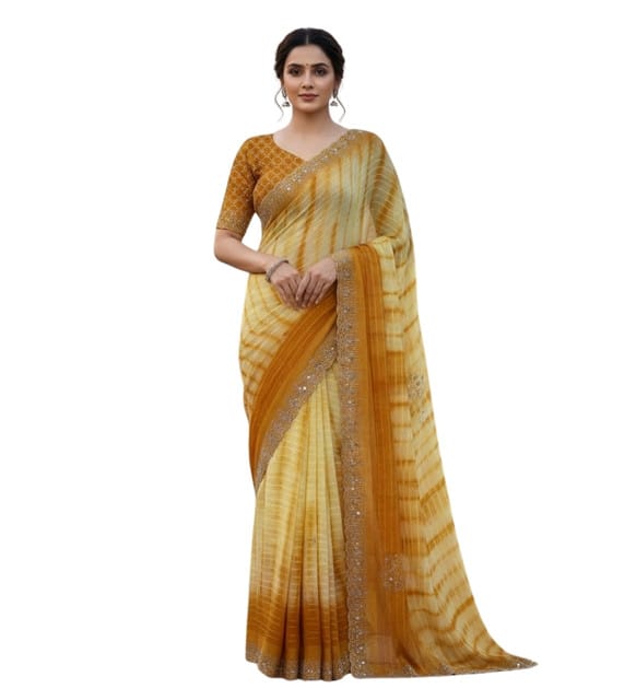 Generic Women's Georgette Striped Saree with Unstitched Blouse Piece, Soft Lightweight 5.5 m Sari for Daily, Office and Casual Wear (Yellow, Design 67620)