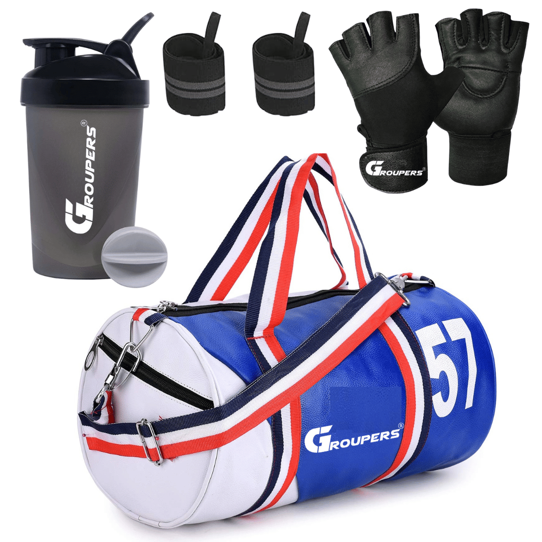 GROUPERS Combo Set of Duffle Polyester Bag with Shaker Bottle-400ml, Wrist Band & Gloves