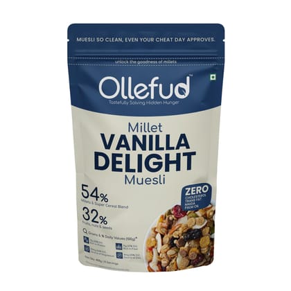 Ollefud Millet Vanilla Delight Muesli | 32% (Fruits, Nuts & Seeds) | Coconut Jaggery & Honey | Protein & Fiber Rich | Iron, Zinc & Magnesium Source Ollefud Millet Vanilla Delight Muesli | 32% (Fruits, Nuts & Seeds) | Coconut Jaggery & Honey | Protein & Fiber Rich | Iron, Zinc & Magnesium Source