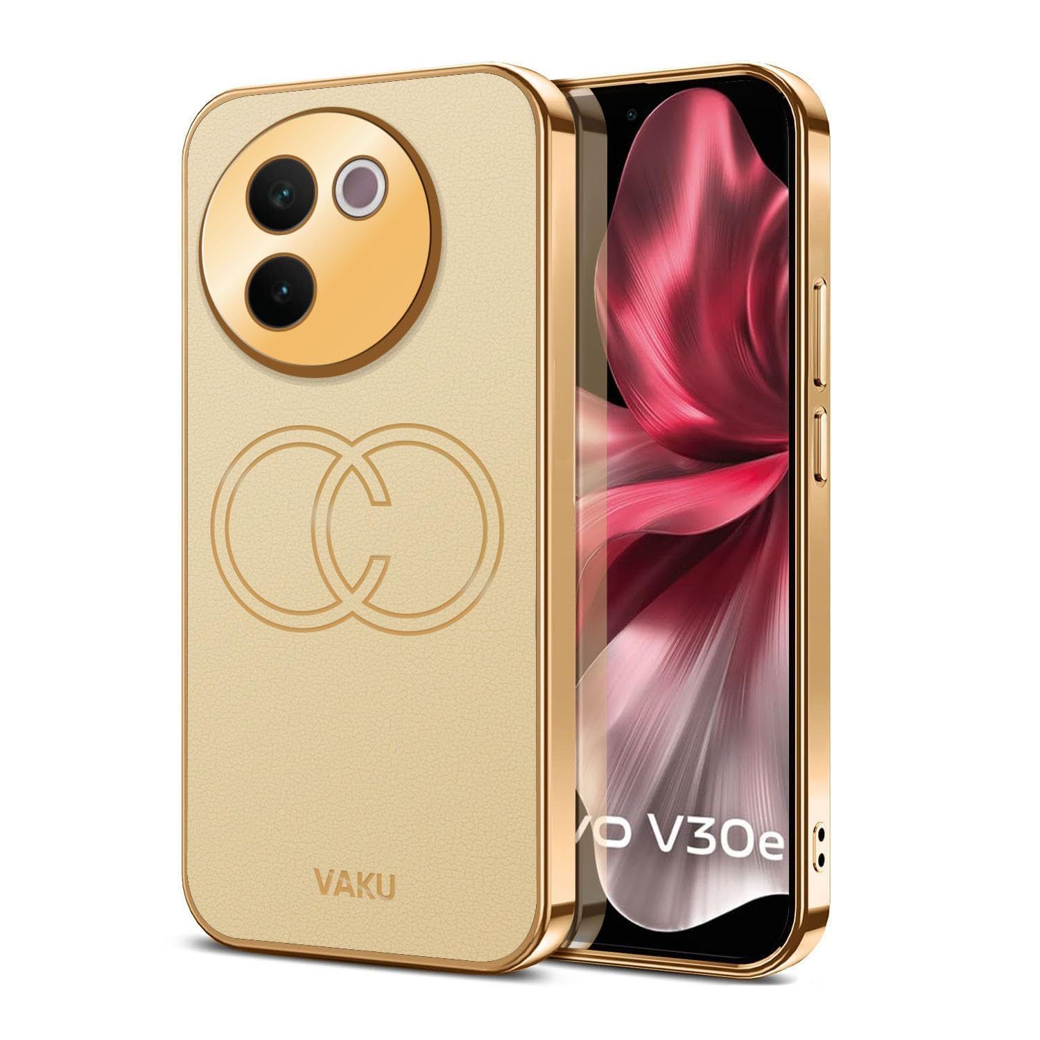 Vaku Luxos Skylar TPU Back Cover Case for Vivo V30e 5G with Leather Pattern Gold Electroplated Design Camera Screen Protector- Gold