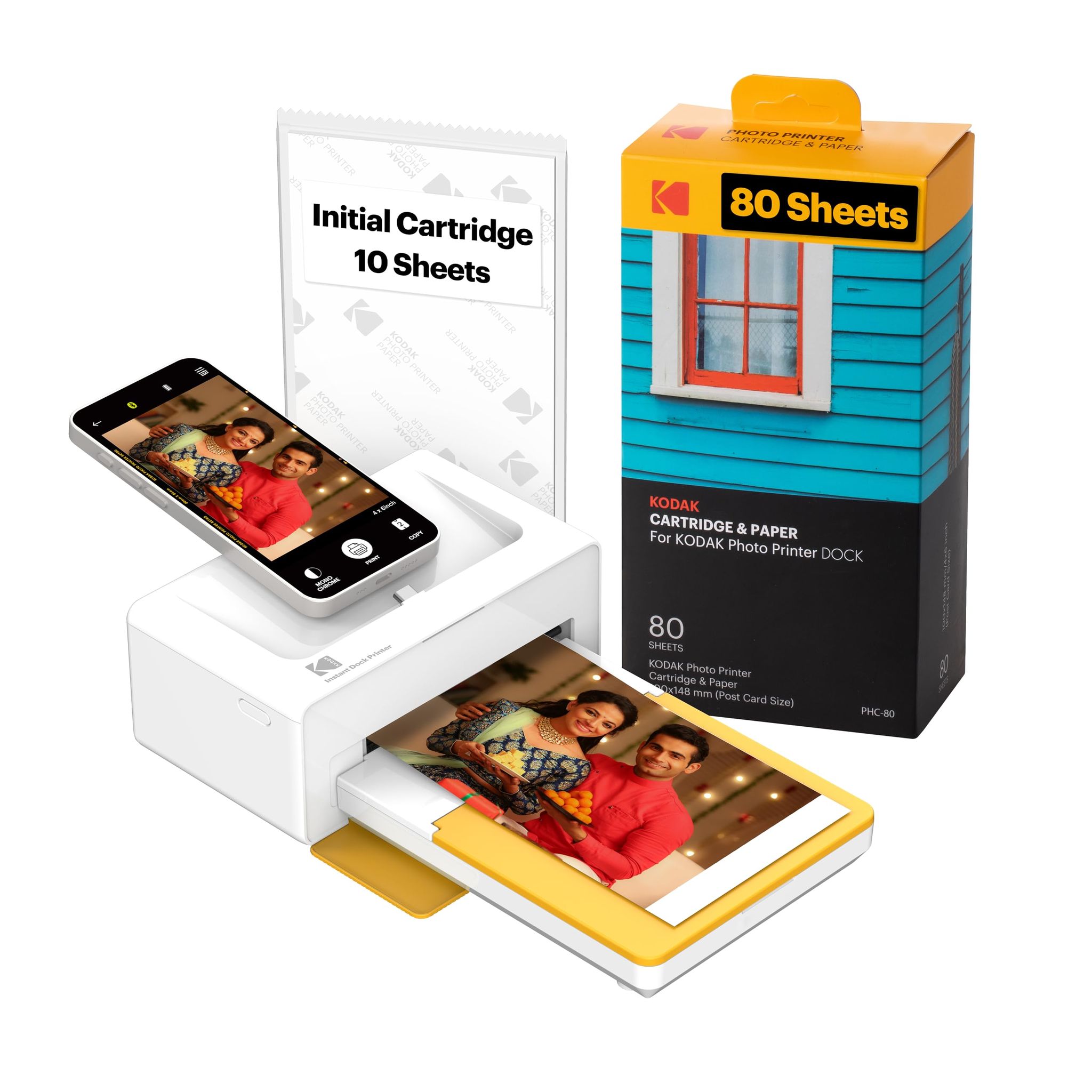 Kodak Dock Plus 4Pass Instant Photo Wireless Color LED Printers (4X6 Inches) + 90 Sheets Bundle, White Kodak Dock Plus 4Pass Instant Photo Wireless Color LED Printers (4X6 Inches) + 90 Sheets Bundle, White - White / Printer + 80 Sheets Bundle