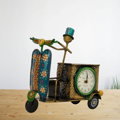 Vintage Metal Scooter Clock with Pen Holder, Handcrafted Decorative Table Clock, Multicolor Floral Design, Traditional Style Home Office Decor, 24x24 cm