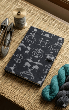 Bivabari Handloom Ikat Fabric Notebook | Black and Grey | 50 Pages | Handmade Paper, Button Closure | Journaling Bivabari Handloom Ikat Fabric Notebook | Black and Grey | 50 Pages | Handmade Paper, Button Closure | Journaling