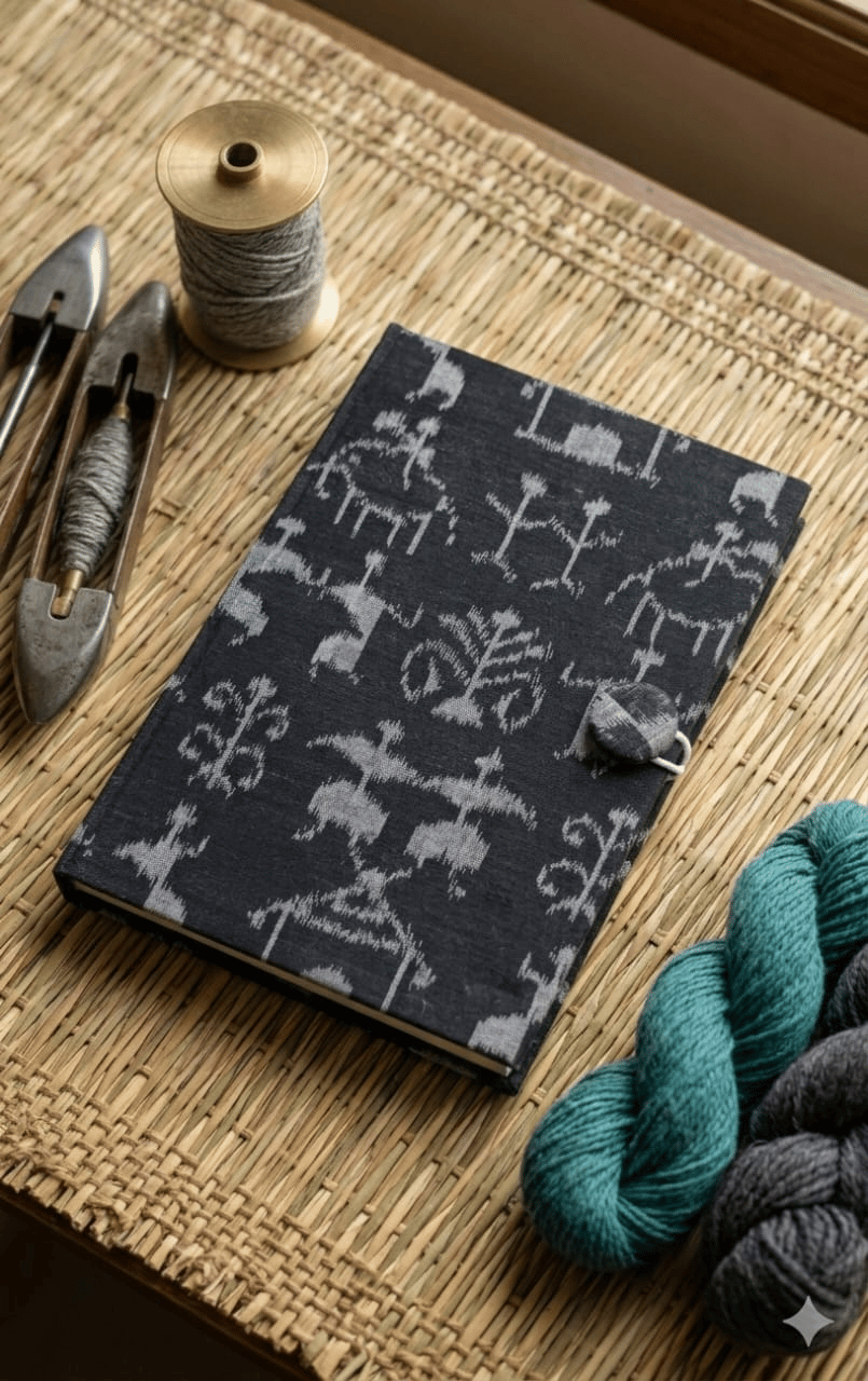 Bivabari Handloom Ikat Fabric Notebook | Black and Grey | 50 Pages | Handmade Paper, Button Closure | Journaling