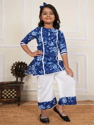 100% Cotton Printed Ethenic  kurti with Lace detailing at Sleeve/Bottom Opening with 100% Cotton Sharara