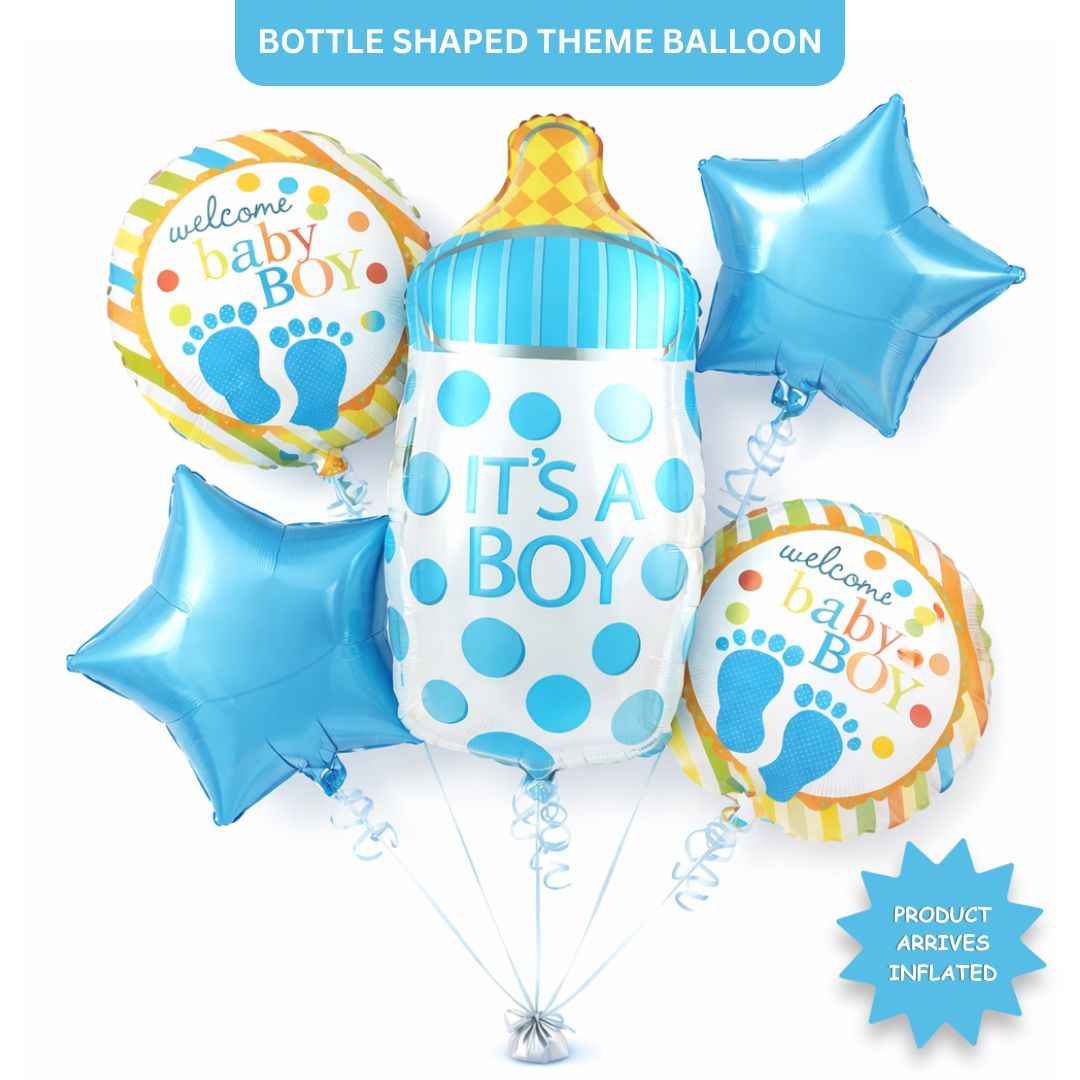 It’s a Boy  Bottle Shaped Helium Balloon Set of 5 (Baby Bottle + Welcome Baby Boy + Blue Star Balloons) | Pre-Inflated & Delivered | Baby Shower Decoration