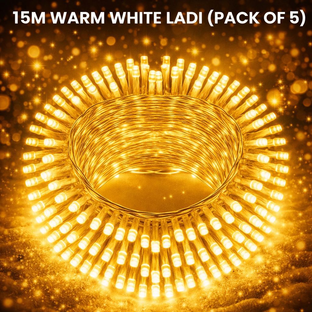 SPARKWORLD 11 Meter Yellow LED Ladi (Pack of 5) | Free Jointer (7+1) | Decorative String Light Steady Glow for Festivals, Weddings & Home Decor | Size: 15 M