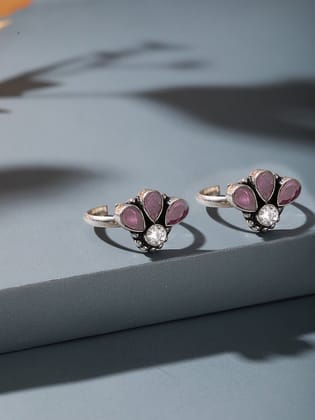 Silver Oxidised Pink Stone Classic Floral Toe Ring