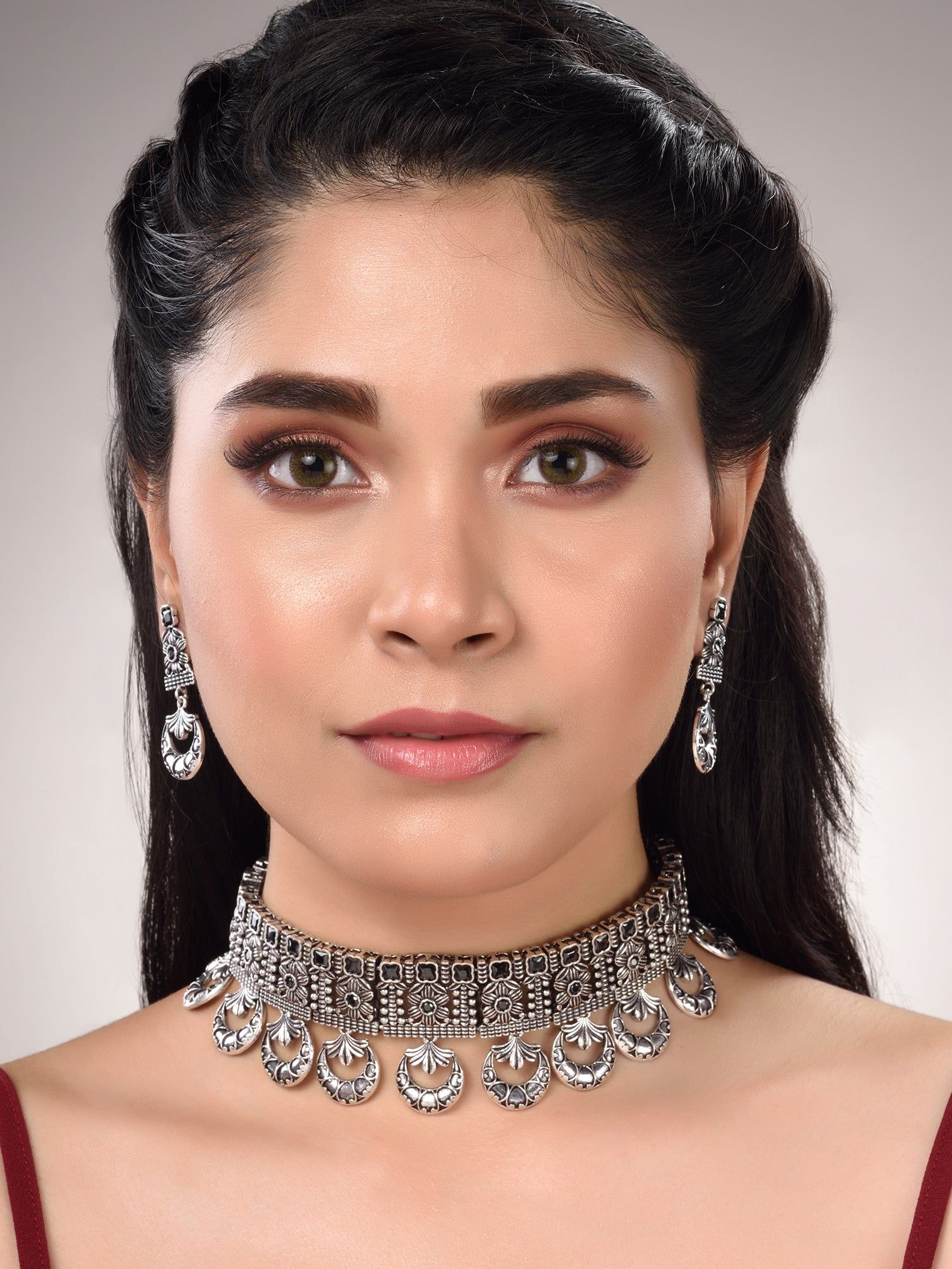 Silver Oxidised Black Stone Studded Tribal Choker Jewellery Set