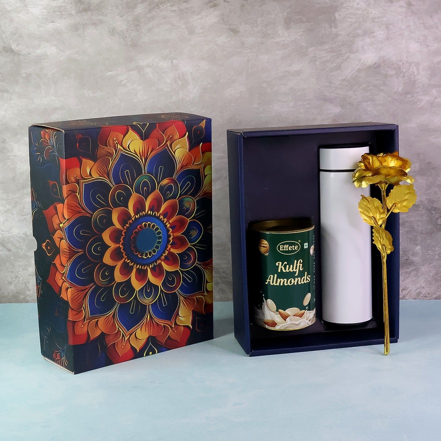 Effete Kulfi Almonds Gift Hamper, Golden Rose With Bottle (3 Pc Set)