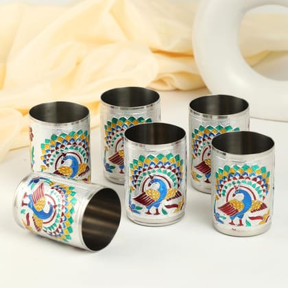 NAVRANG Serving Glass Set (Pack of 6) - Stainless Steel Meenakari Tumbler Glasses - 220ml Each - Return Gifts