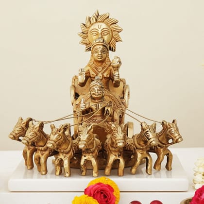 Brass Showpiece Surya Dev Rath | Premium Handcrafted Sun God Religious Decor Item, Height : 5.5 Inch (BSMAS191 C)