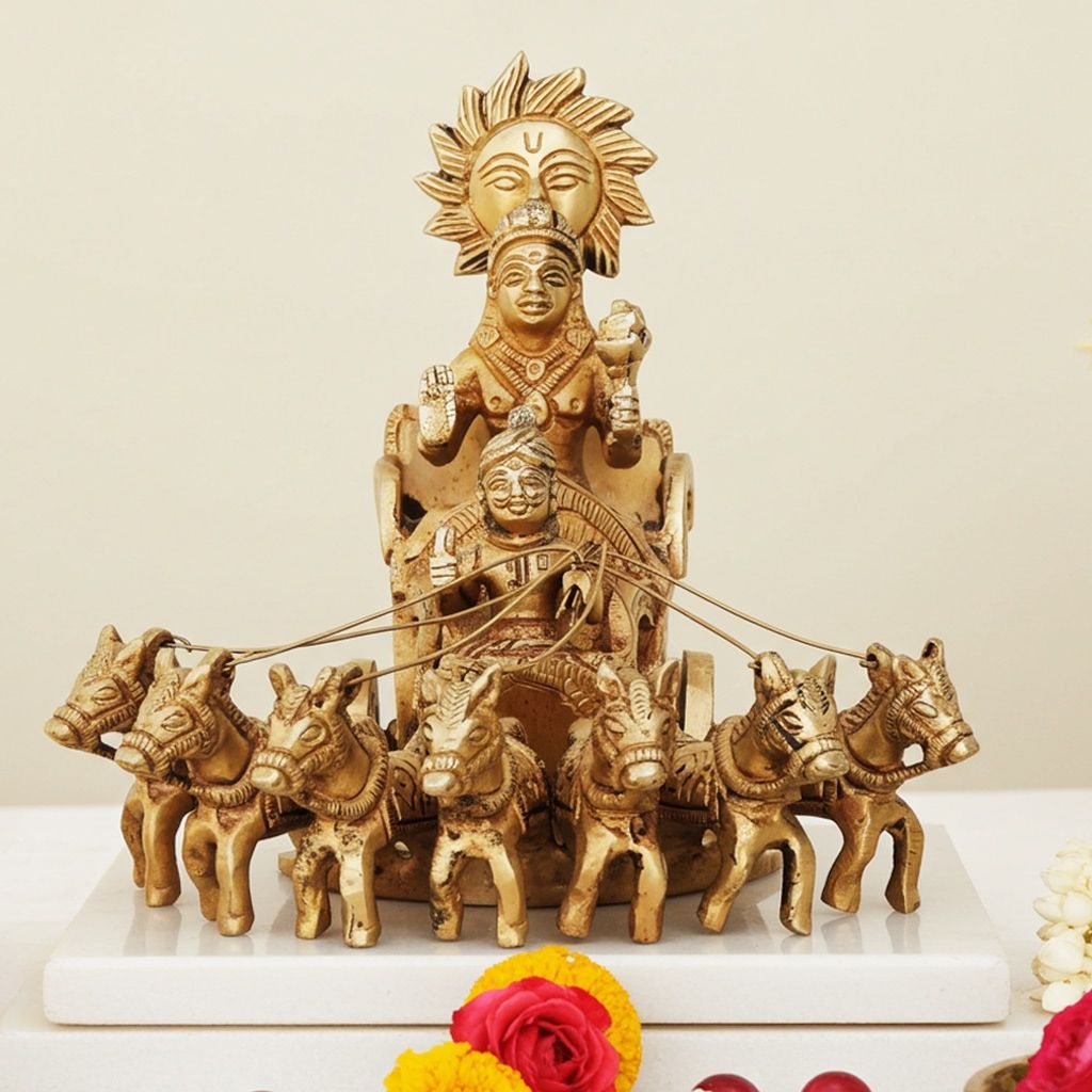 Brass Showpiece Surya Dev Rath | Premium Handcrafted Sun God Religious Decor Item, Height : 5.5 Inch (BSMAS191 C)