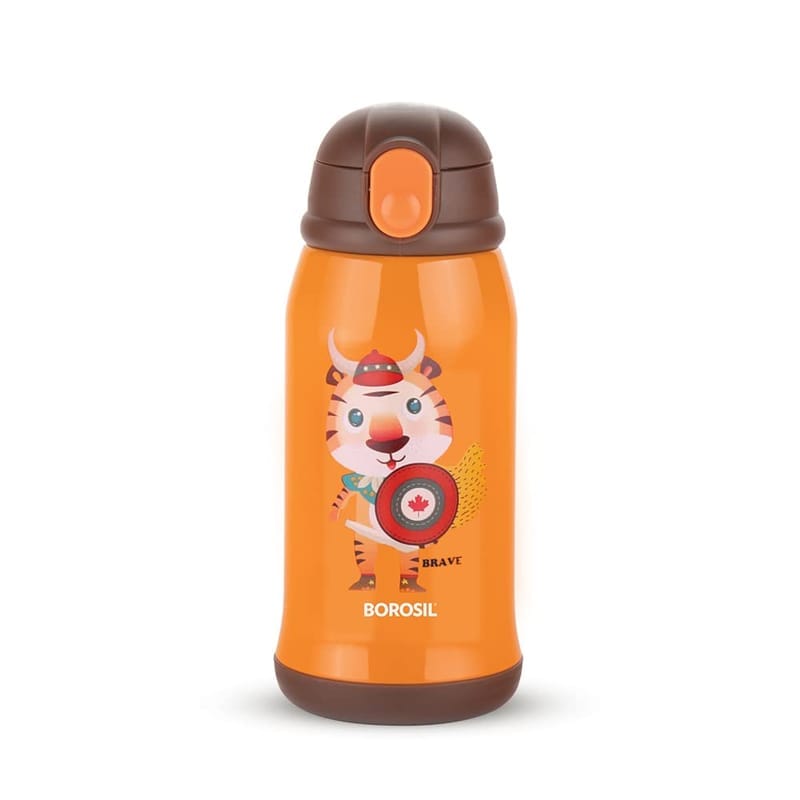 Borosil Tigry 500 ml Stainless Steel Kids Sipper Water Bottle | Double Wall Vacuum Insulated Flask | 12 Hours Hot & Cold | 1 Year Warranty, Orange