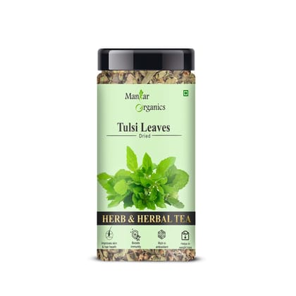 ManHar Organic - Tulsi Leaves Jar 45gm | Queen of Herbs | Dried Tulsi Leaves, Dried Tulsi Buds | Holy Basil (Ocimum tenuiflorum) and Indian Basil(Tulsi Leaves, 45gm)