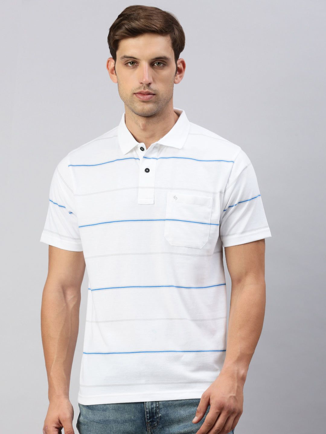 Classic Polo Men's Half Sleeve White Polo Neck Authentic Fit Striped T-Shirt | AVON - 581 B AF P