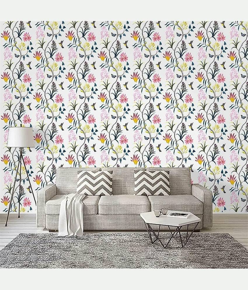 KRAMOX White Flowers and Birds Wallpaper Removable Peel and Stick Self Adhesive Film Stick Paper for Bedrooms, Living Room, Hall, Play Room, Garden Home Decoration Stickers (250 cm *45 cm)