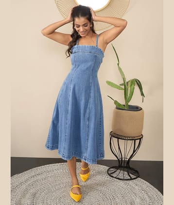StyleStone Women Denim Solid Fit & Flare Dress ( Blue )