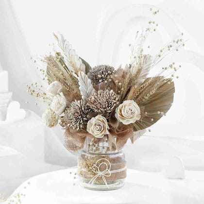 FNP Dried Floral Arrangement - White Dry Flowers in Cylindrical Glass Jar - Romantic Home Decor & Gift for Valentines, Anniversaries