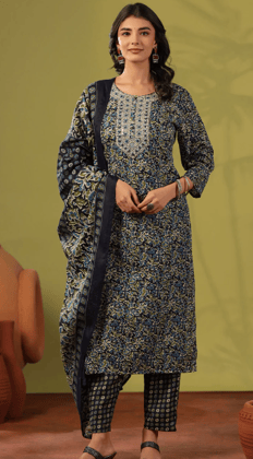 Navy Cotton Ready Made Suit