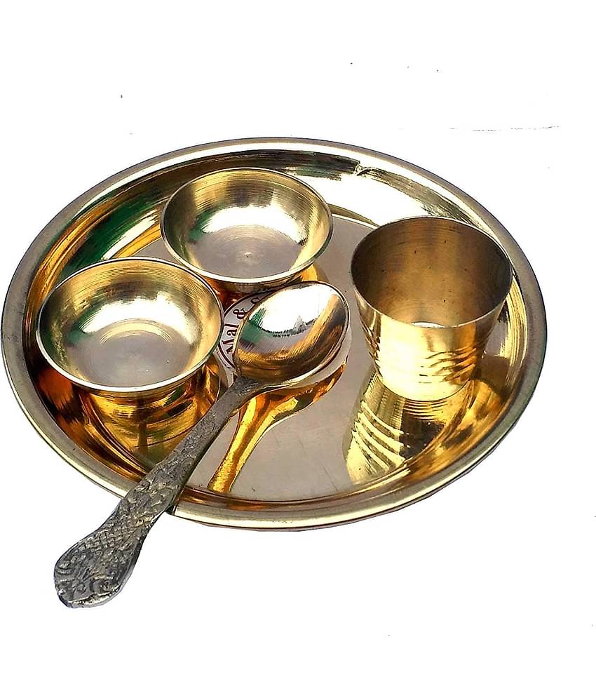 Brass Pooja Bhog Thali Set with 2 Katori, 1 Glass, 1 Spoon (10 cm)