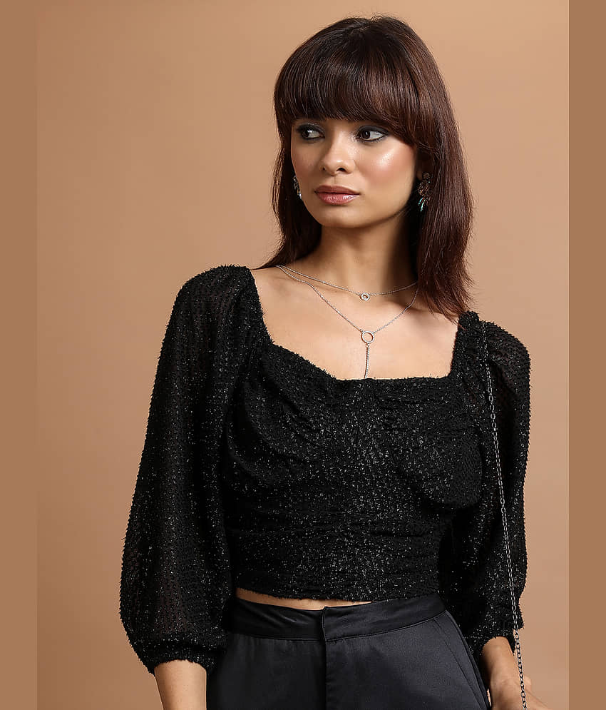 Tokyo Talkies Women's Polyester Crop Top ( Black )