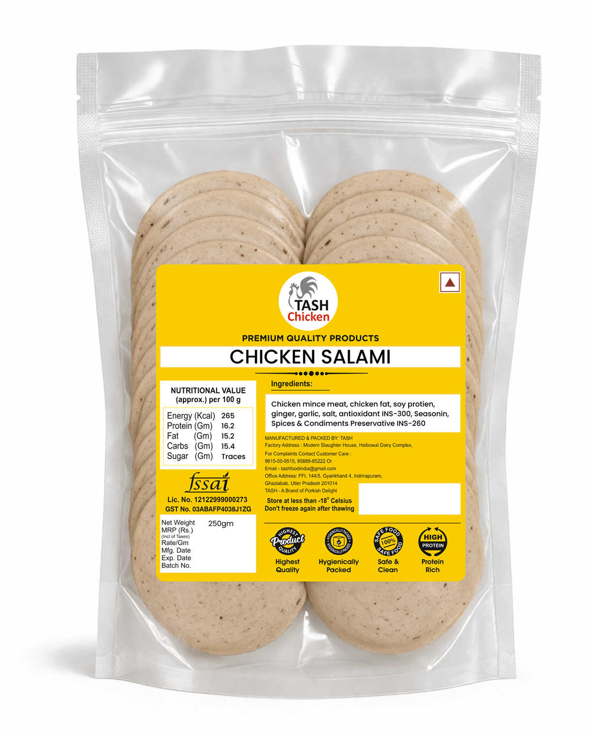 TASH Premium Chicken Salami (250g) – Ready-to-Eat Gourmet Cold Cuts | High Protein, Lean & Juicy | Smoked Deli-Style Slices for Sandwiches, Salads, and Breakfast | Freshly Sourced & Vacuum Packed