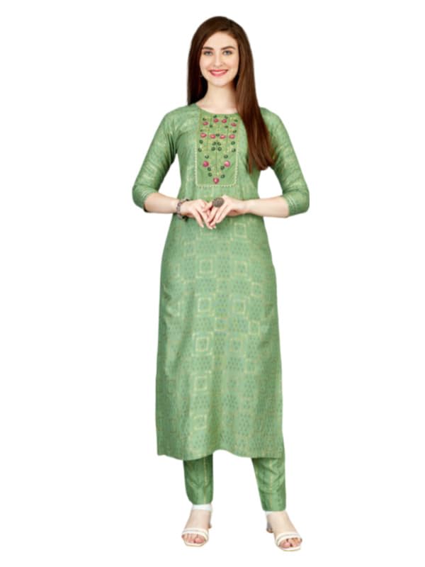 Women's Casual 3-4 th Sleeve Embroidery Rayon Kurti Pant Set (Light Green, L)-PID50261