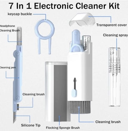 7 in 1 Electronic Cleaner kit, Cleaning Kit for Monitor Keyboard AirPods, Screen Dust Brush Including Soft Sweep, Swipe, AirPods Cleaner Pen, Key Puller and Spray Bottle