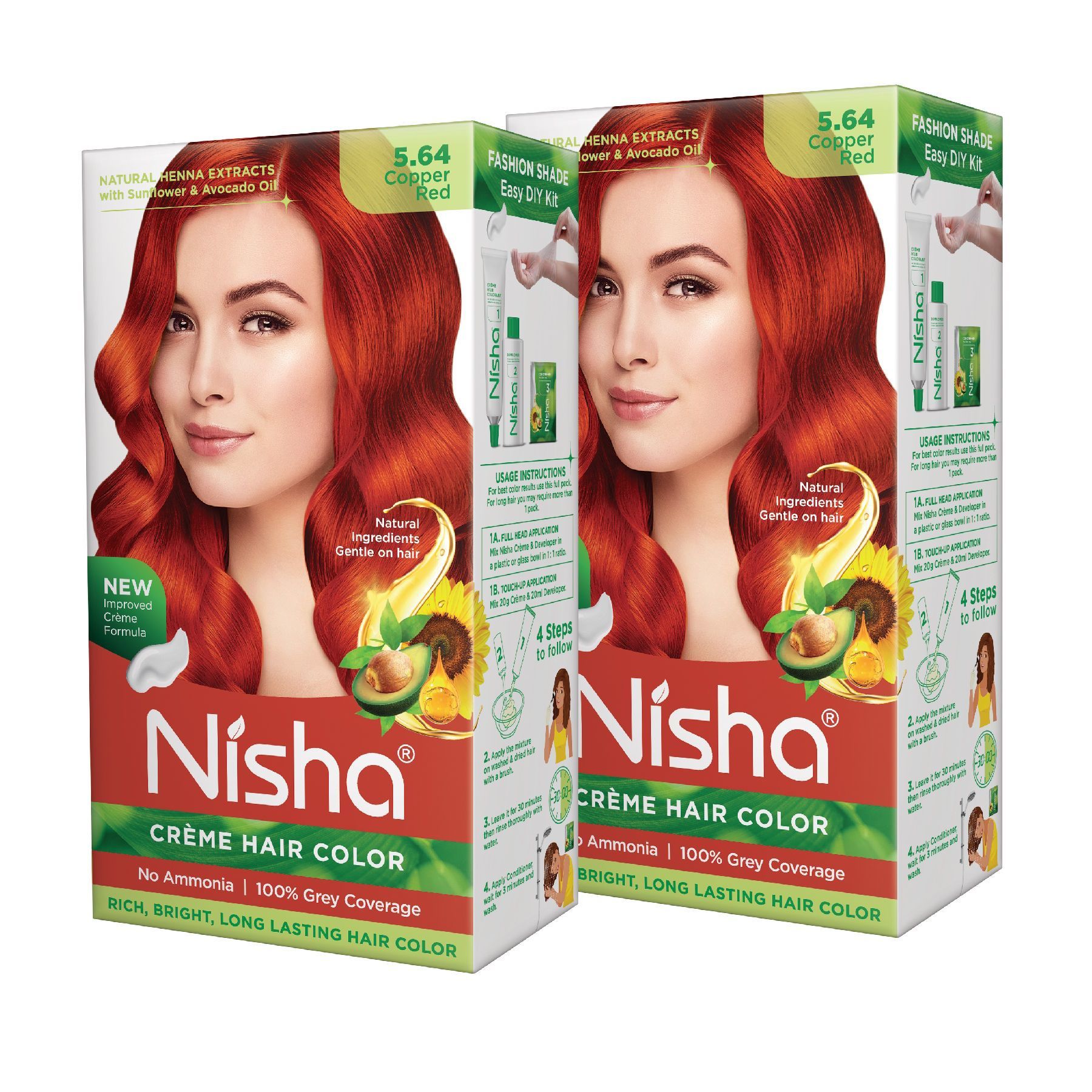 Nisha Creme Hair Color 5.64 Copper Red 120g Pack of 2 Permanent Hair Colour for Women Men, No Ammonia 100% Grey Coverage