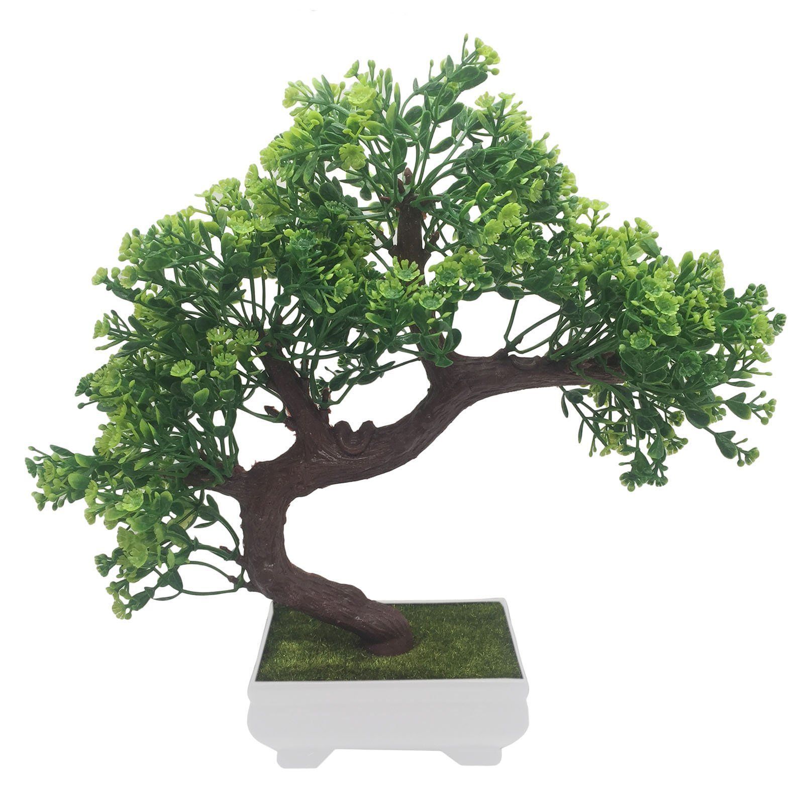 FOLIYAJ Bent Artificial Bonsai Tree with Green Leaves and Green Flowers