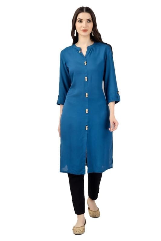 Women's Solid Calf Length Rayon Kurti (Light Blue, XL)-PID46326