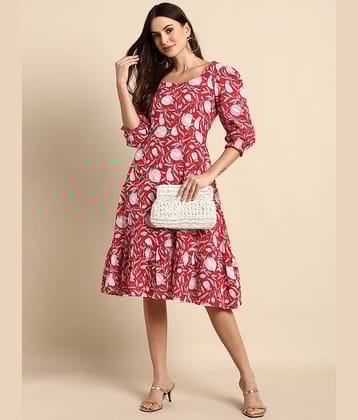 Janasya Women Cotton A-line Dress ( Red )