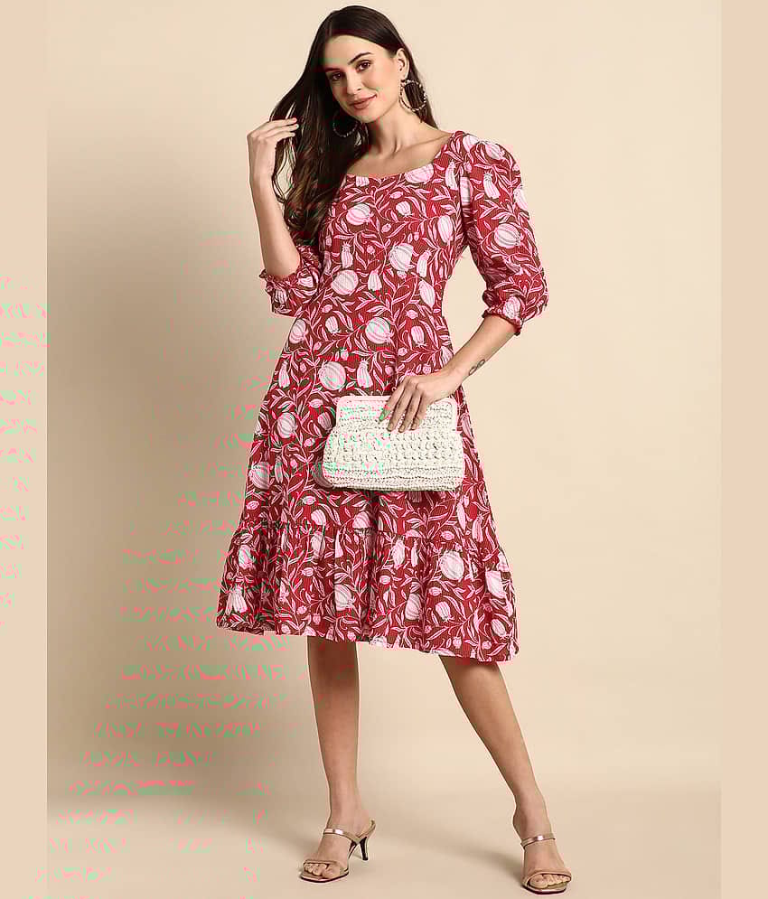 Janasya Women Cotton A-line Dress ( Red )