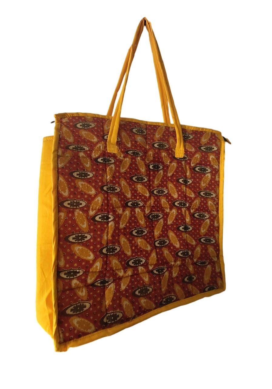 KALAMKARI Handcrafted Quilted Cotton Tote Bag with Zipper Closure and Double Handles