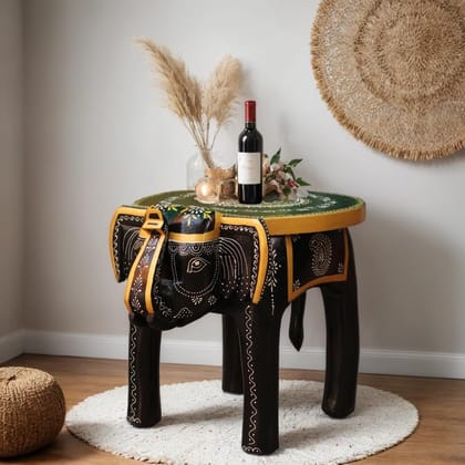 PREET SPICE Hand-Painted Black & Gold Wooden Elephant Stool Table, for Home Decor (20X20X20 CM)