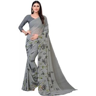 SVB Sarees Womens Grey Colour Floral Printed Saree With Blouse Piece