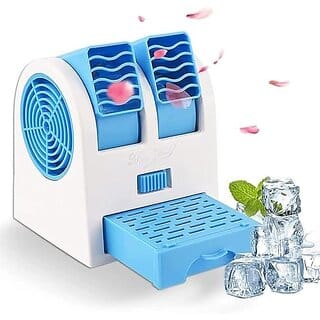 Portable Small Plastic Air Conditioner Water Cooler Mini Fan Dual Bladeless for Use in Car/Home/Office Multicolor