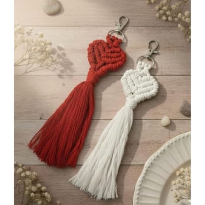 Handmade Macrame Cute Heart Tessel Keychain for Girls, Boys, Men & Women | Set of Two | White and Red Cotton Tassel Keychains | Boho Bag Charm and PhoneAccessory | Red, White