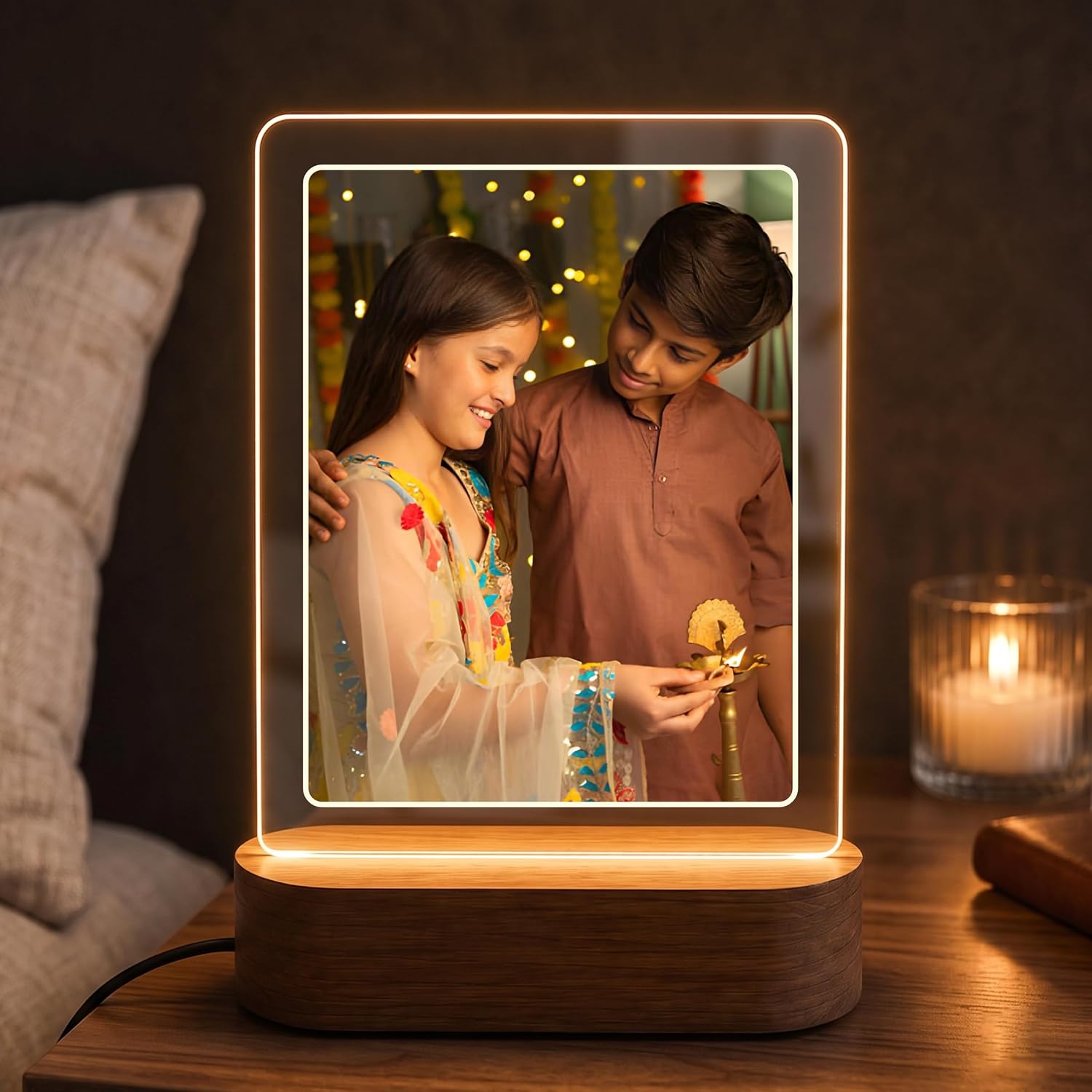 Giftplease Personalized LED Photo Frame with Wooden Stand | Custom Printed Acrylic Photo Frame | Tabletop Memory Frame | Birthday, Anniversary, Wedding & Special Occasion Gift