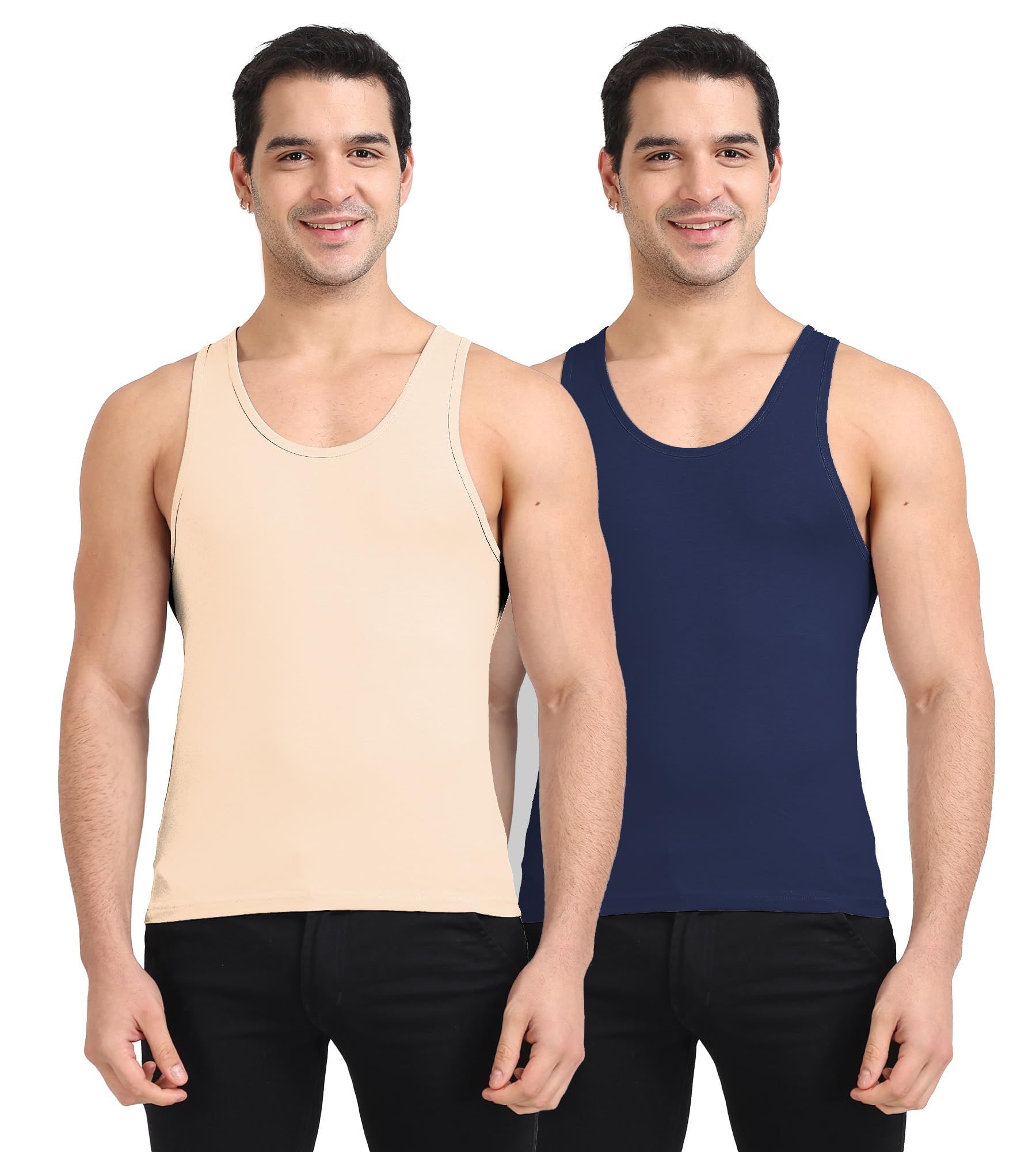 Freecultr Cotton Vest for Men Sleeveless Lightweight Solid Round Neck Comfort Vests Breathable & Comfortable Innerwear Sando for Man Regular Fit  Pack of 2-Light Coral,Navy