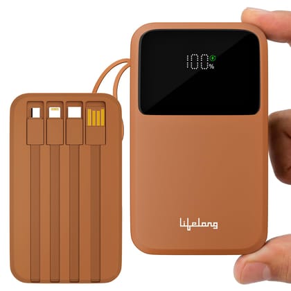 Lifelong Electronics 20000mAh 22.5W Fast Charging Power Bank | 3 Inputs (1 Built-in USB A Cable + 1 C + 1 Lightning Port) & 6 Outputs (3 Built-in Cables + 1 C + 2 A Port) | Small Pocket Size Powerbank Lifelong Electronics 20000mAh 22.5W Fast Charging Pow