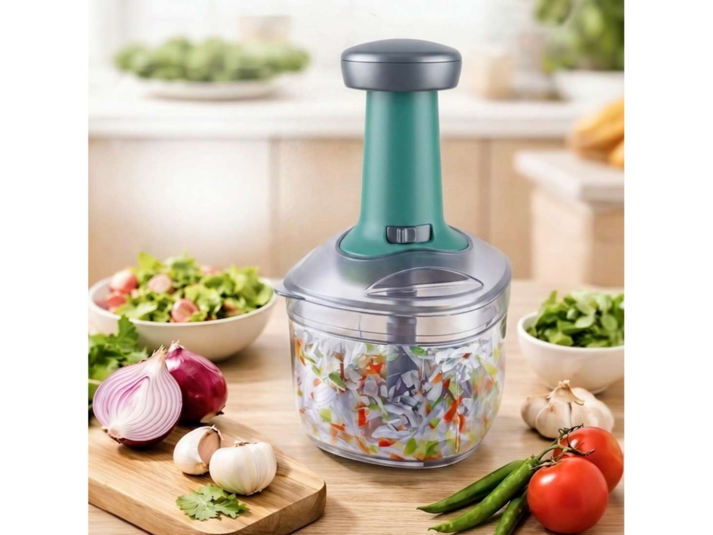 BALTRA Push Press Chopper 750ml, Manual Hand Press Push Chopper with 3 Blades for Effortless Chopping Vegetables